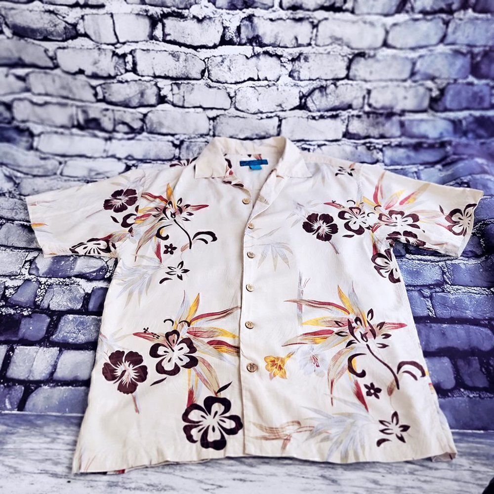 Paradise Blue tan floral Hawaiian 100% silk shirt